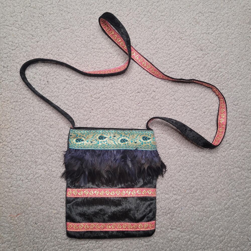 Vintage Harold Powell Crossbody Bag Mini Black Velvet Feather Boho Party Evening